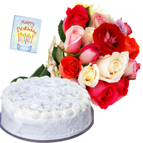 Unparallel Joy - 15 Mix Roses Bunch, 1/2 Kg Vanilla Cake + Card