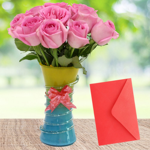 Pink Vase - 15 Pink Roses in Vase and card