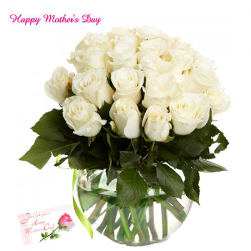White Delight - 18 White Roses in Vase and card