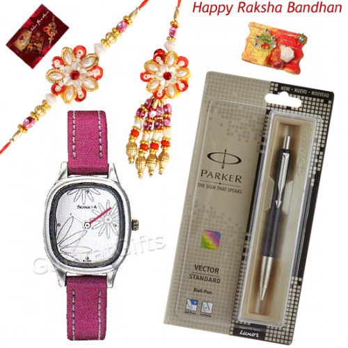 Love n Regards - Sonata Watch White Dial Pink Strap, Parker Vector Standard Ball Pen with Bhaiya Bhabhi Rakhi Pair and Roli-Chawal