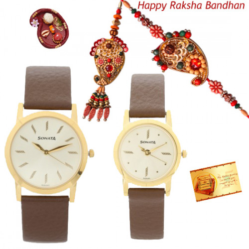 Sweet Couple Hamper - Sonata Brown Leather Analog Couple Watch with Bhaiya Bhabhi Rakhi Pair and Roli-Chawal