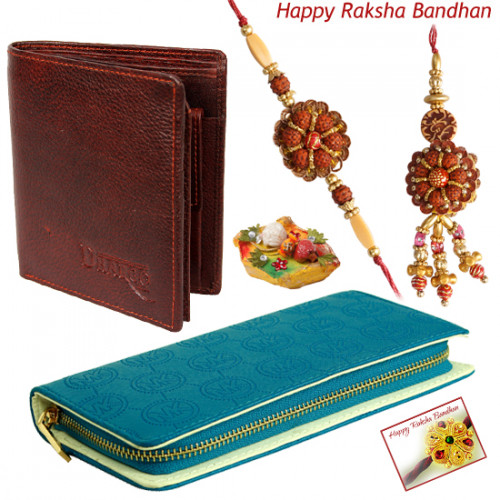 Simple Bhaiya Bhabhi - Blue Clutch, Brown Wallet with Bhaiya Bhabhi Rakhi Pair and Roli-Chawal