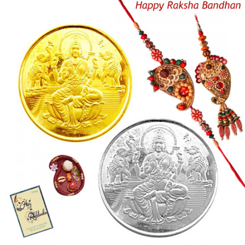 Precious Bandhan - Gold Coin, Silver Coin with Bhaiya Bhabhi Rakhi Pair and Roli-Chawal
