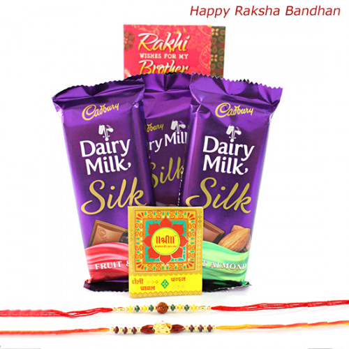 Assorted Silk Hamper - Cadbury Dairy Milk Silk 3 Pcs with 2 Rakhi and Roli-Chawal