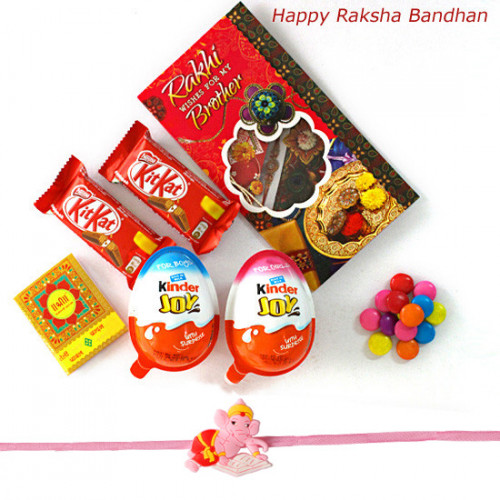 Yummy Chocolate - Kinder Joy 2 Pcs, 2 Kitkat, 1 Gems with Kids Rakhi and Roli-Chawal