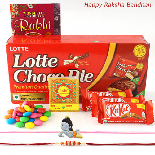 Choco Fantsy - Lotte Chocopie, 3 Kitkat, 2 Gems with 1 Kid Rakhi, 1 Fancy Rakhi and Roli-Chawal