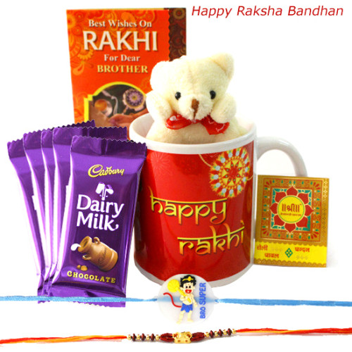 Rakhi Mug Delight - Dairy Milk 5 Pcs, Happy Rakhi Personalized Mug, Small Teddy with 1 Kids Rakhi & 1 Fancy Rakhi and Roli-Chawal