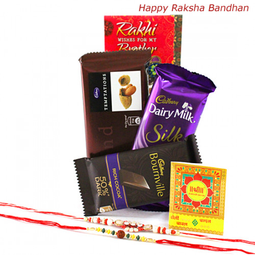 Chocolaty Rakhi - Temptation, Dairy Milk Silk, Bournville with 2 Rakhi and Roli-Chawal