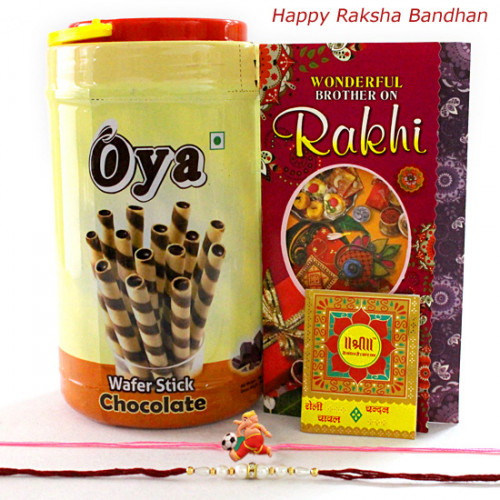 Oya Roll with Rakhi - Oya Premium Waffer Stick with 1 Kids Rakhi & 1 Fancy Rakhi and Roli-Chawal