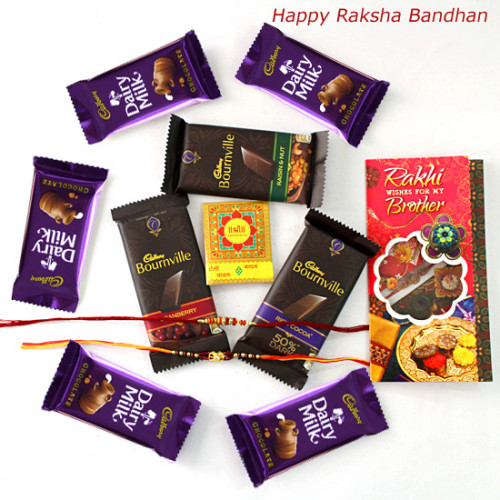 Bournville & Dairy Milk Delight - Bournville 3 Pcs, 5 Dairy Milk with 2 Rakhi and Roli-Chawal