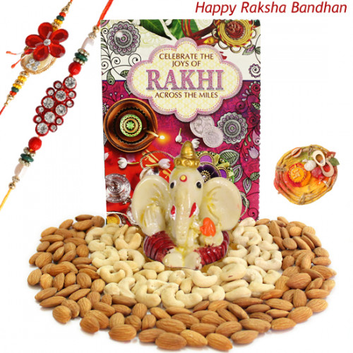 Double Delight - Cashew & Almond, Ganesh Idol with 2 Rakhi and Roli-Chawal