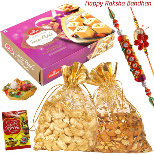 Potli Bags Combo - Cashew & Almond in Potli, Soan Papdi with 2 Rakhi and Roli-Chawal