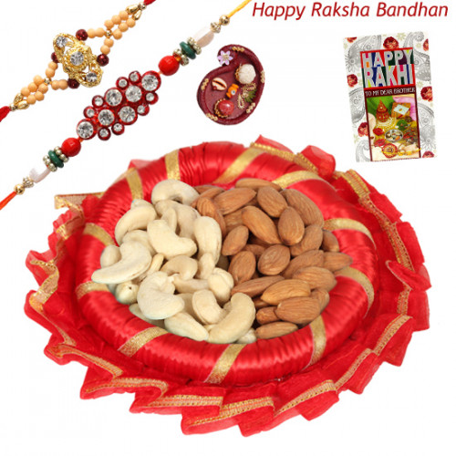Crispy n Crunchy Thali - Almond & Cashew, Decorative Thali (R) with 2 Rakhi and Roli-Chawal