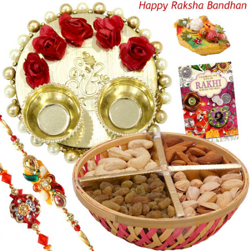 Dryfruit Basket with Thali - Assorted Dry Fruit Basket, Elegant Ganesh Thali with Flowers & Pearls with 2 Rakhi and Roli-Chawal