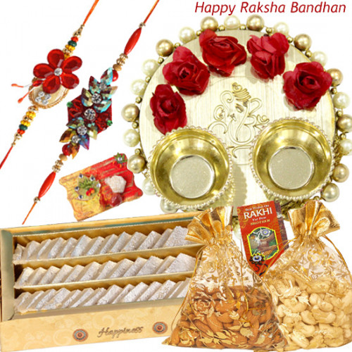 All in One Thali - Almond 100 gms in Potli & Cashew 100 gms in Potli, Kaju Katli, Elegant Ganesh Thali with Flowers & Pearls, 2 Rakhi, Free Greeting Card & Roli-Chawal