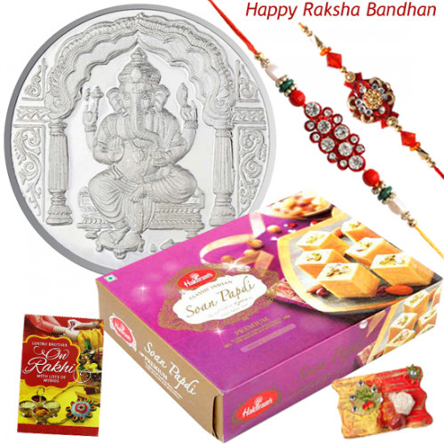 All Time Favourite - Ganesh Silver Coin 10 Gms, Soanpapdi with 2 Rakhi and Roli-Chawal