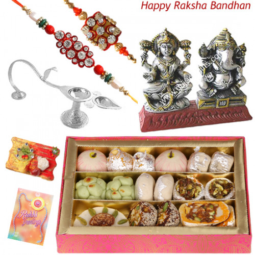 Rakhi Treat - Silver Arati Stand 28 gms, Kaju Mix, Laxmi Ganesha Idol with 2 Rakhi and Roli-Chawal