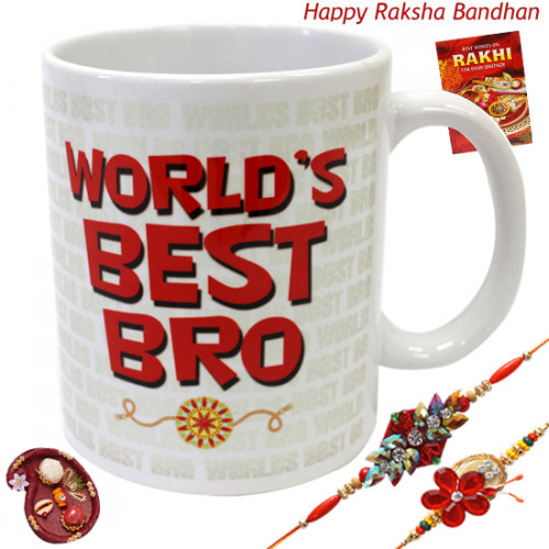 Love of Rakhi - World's Best Bro Personalized Mug with 2 Rakhi and Roli-Chawal