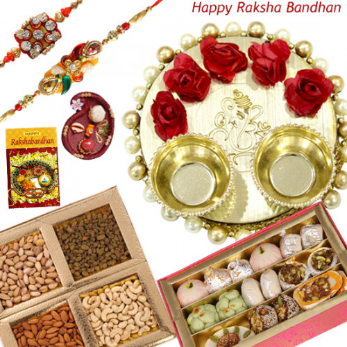Special Rakhi Thali - Kaju Mix, Assorted Dry Fruit 200 gms, Elegant Ganesh Thali with Flowers & Pearls with 2 Rakhi and Roli-Chawal