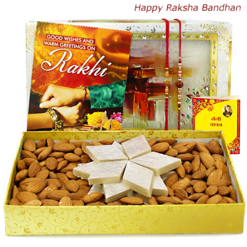 Kaju Katli Potli Delight - Kaju Katli, Almond 100 gms with 2 Rakhi and Roli-Chawal