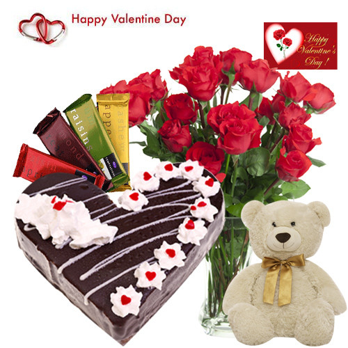 Couple Combo - 20 Roses in Vase, 4 Temptations, Teddy 6", Heart Shape Black Forest Cake 1 kg and Card