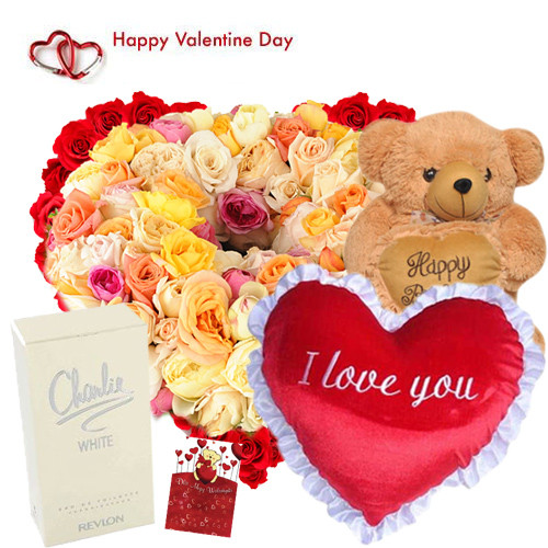 Fragrance of Love - 50 Mix Roses Heart Shape Arrangement, Heart Shape Pillow 8", Teddy 12", Charlie White Perfume and Card