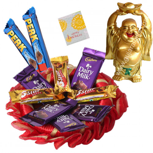 Laughing Buddha with Chocolates - 10 Mini Cadbury Chocolates Bars, Laughing Buddha & Card