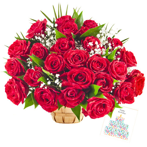 Magnificent Offerings - 75 Red Roses In Basket + Card
