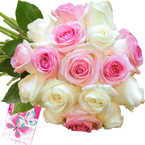 Adorable Present - 6 White & 6 Pink Roses + Card