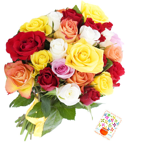 Delicate Flowers - 18 Multi Coloured Roses + Card