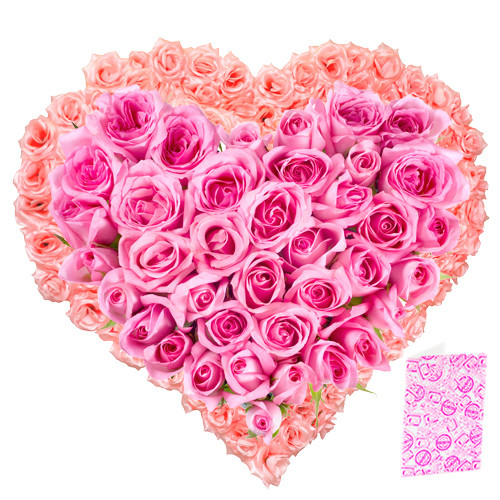 Extraordinary - Heart Shaped Arrangement Of 50 Peach And Pink Roses + Card