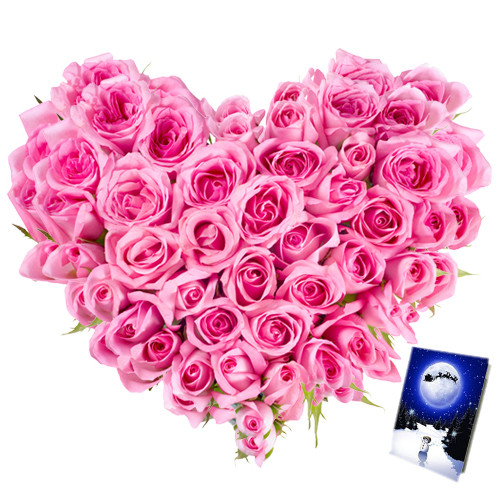 Unique - Heart Shape Arangement Of 75 Pink Roses + Card