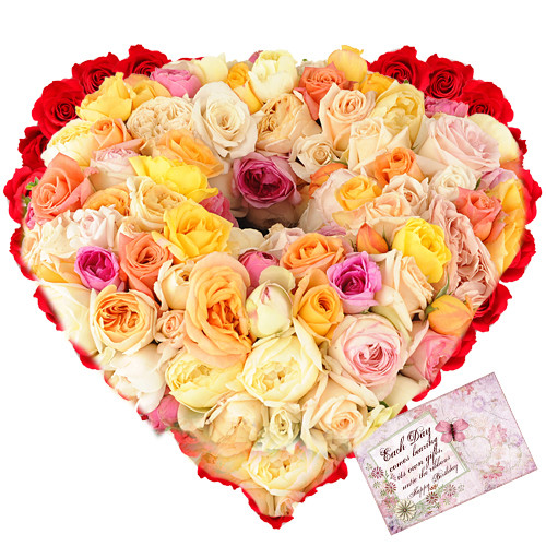 Distinct - 100 Mix Colored Roses Heart Shaped Arrangement + Card