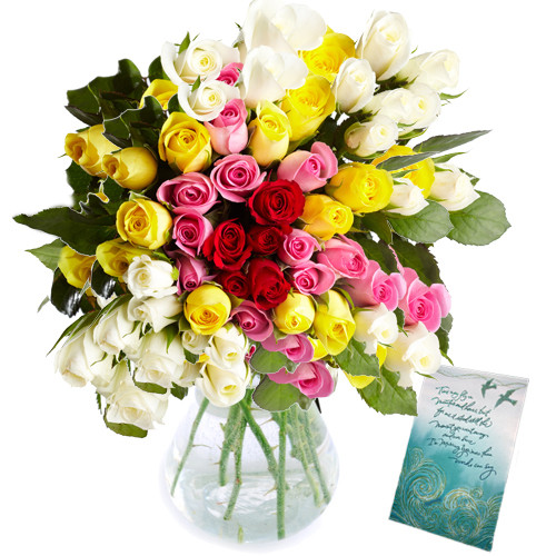 Tempting Flowers - 50 Mix Roses In Vase + Card
