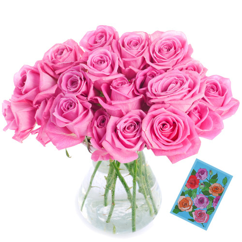 Luring - 20 Pink Roses In Vase + Card