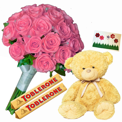 Noble Thinking - Bouquet 50 Pink Roses + 2 Toblerone Chocolate Bars + Teddy Bear 6" + Card