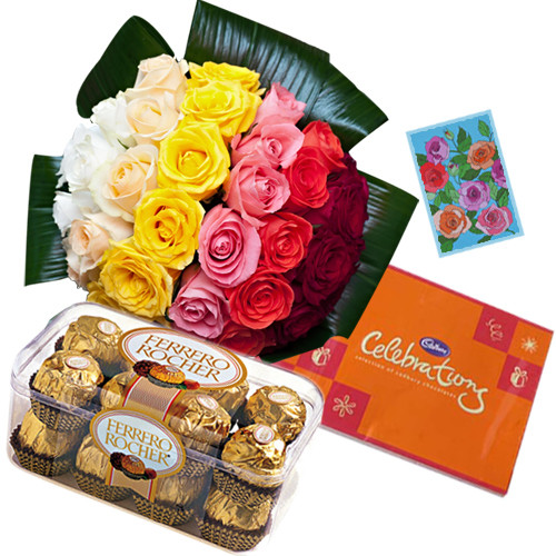 Sweet Gift - Bouquet 20 Mix Roses + Ferrero Rocher 16 Pcs + Cadbury Celebrations  + Card
