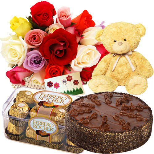 Supreme Hamper - Basket 15 Multi Color Roses + Teddy Bear 6" + 1/2 Kg Chocolate Cake + Ferrero Rocher 16 Pcs + Card