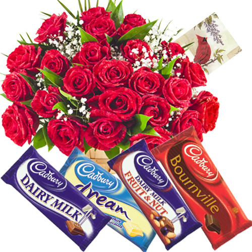 Marvellous Choice - Basket 50 Red Roses + 5 Cadbury Chocolates  + Card