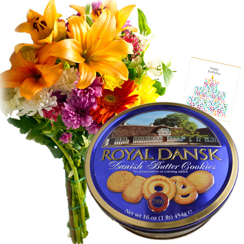 Blissful Gift - Bouquet 12 Mix Flowers + Danish Cookies Box 454 gms + Card