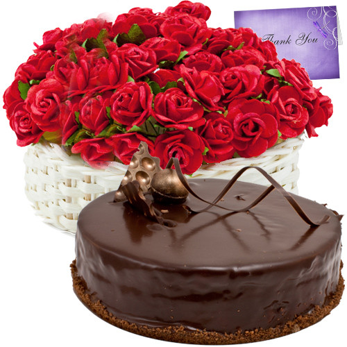 Endearing Gift - Basket  50 Red Roses + 1kg Cake + Card