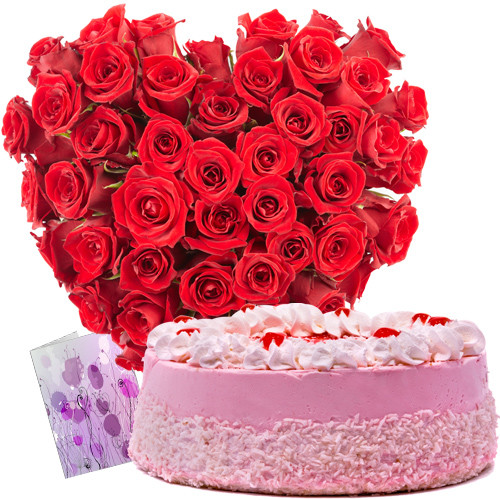 Finest Combo - 150 Red Rose Heart Shaped Basket + 1 Kg Strawberry Cake + Card
