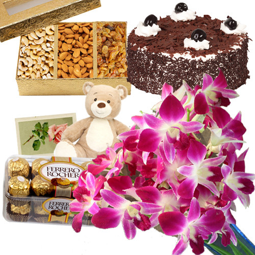 Angelic Combo - 6 Purple Orchids + 6" Teddy + 1/2 Kg Cake + Ferrero Rocher 16 Pcs + Assorted Dry Fruits Box 200 Gms + Card