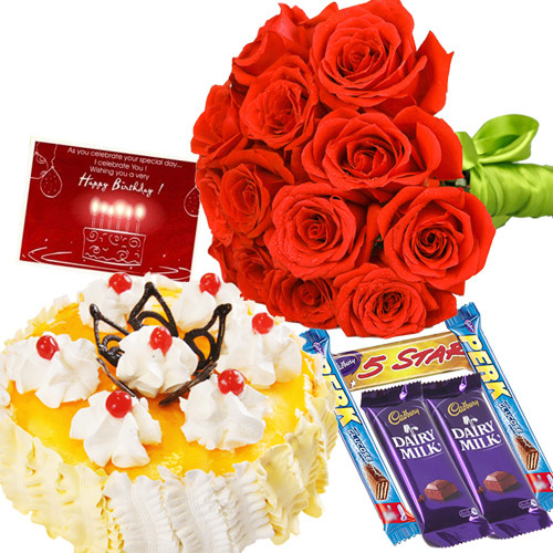 Offbeat Hamper - 20 Red Roses + 1 Kg Pineapple Cake + 5 Assorted Cadbury Chocolates + Card