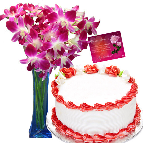 Meaningful Combo - 12 Pink Orchids In A Glass Vase + 1/2 Kg Strawberry Cake + Card