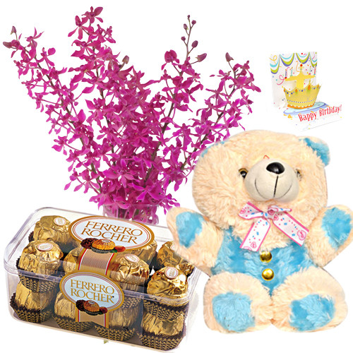 Commendable - Bouquet 10 Purple Orchids + Fererro Rocher 16 Pcs + Teddy Bear 8" + Card