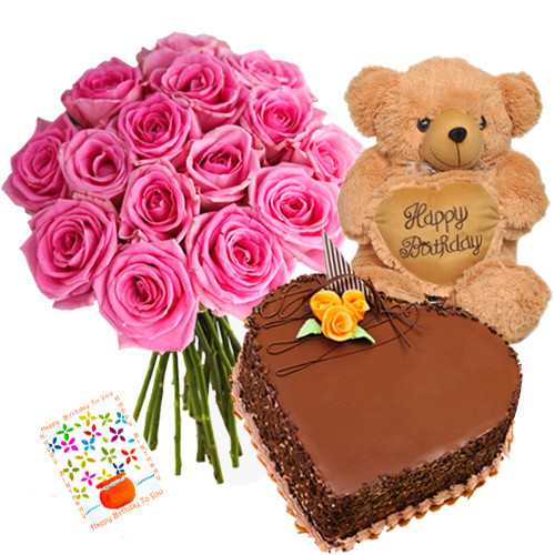 Respectable - Bouquet Of 15 Pink Roses + Teddy Bear 10" + 1 Kg Heart Shaped Chocolate Cake + Card