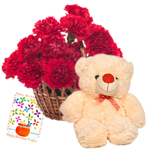 Warm Feelings - Basket 15 Red Carnations + Teddy Bear 6" + Card
