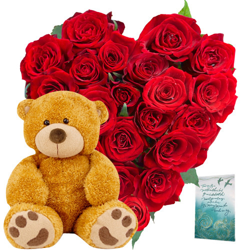 Stunning Gifts - Heart Shaped Arrangement 20 Red Roses + Teddy Bear  6" + Card