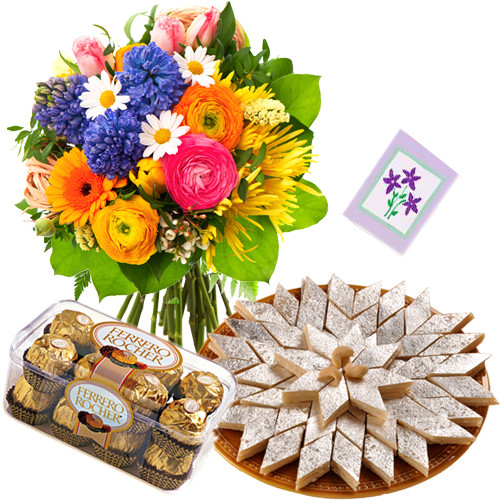 Exceptional Combo - Bouquet Of 15 Seasonal Flowers + Ferrero Rocher 16 Pcs + Kaju Katli Box 250 Gms + Card